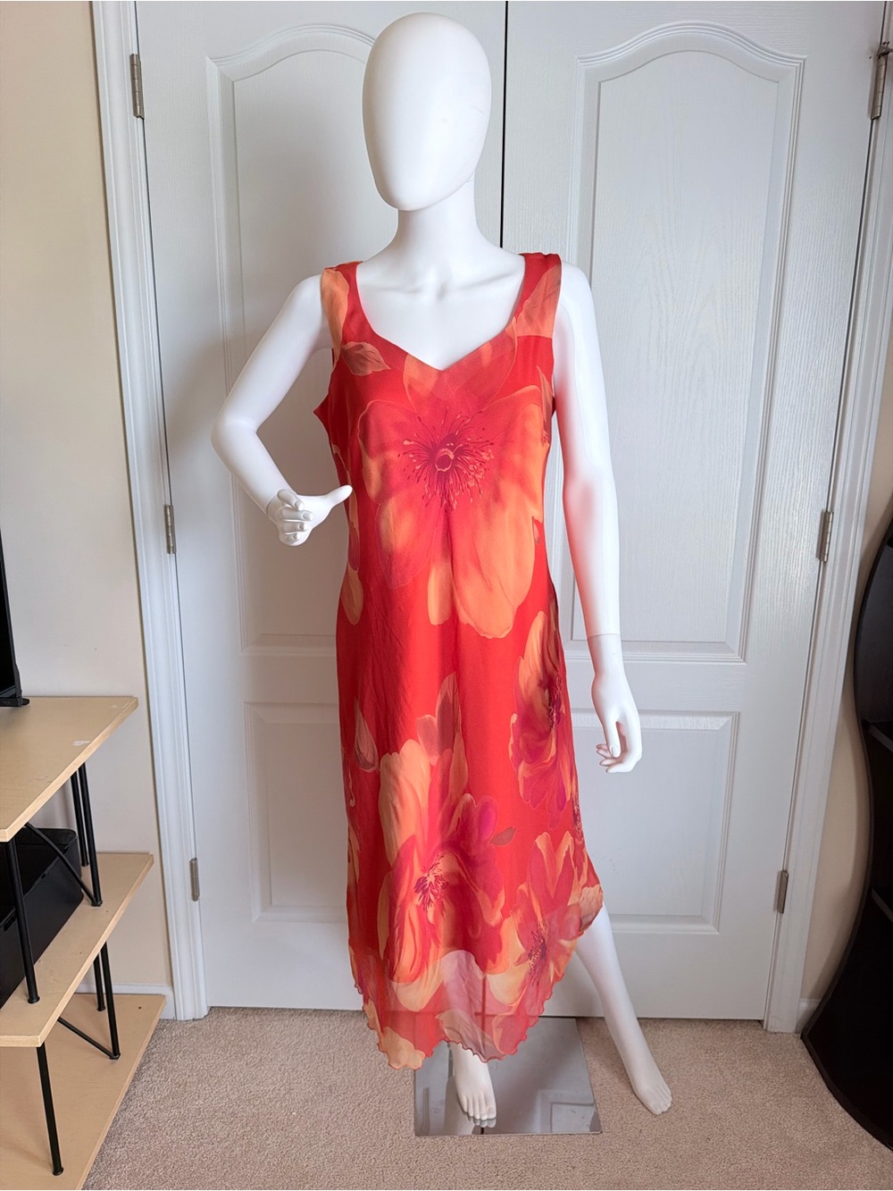 Vintage 1990s Women’s Orange Watercolor-Style Floral Slip SleevelessDress Size L
